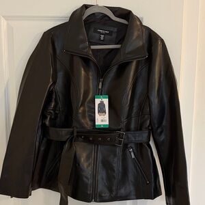 Kenneth Cole Black Faux  Leather Jacket with Belt